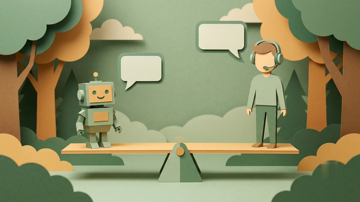 Ilustrasi perbandingan chatbot otomatis dan live chat dengan admin manusia